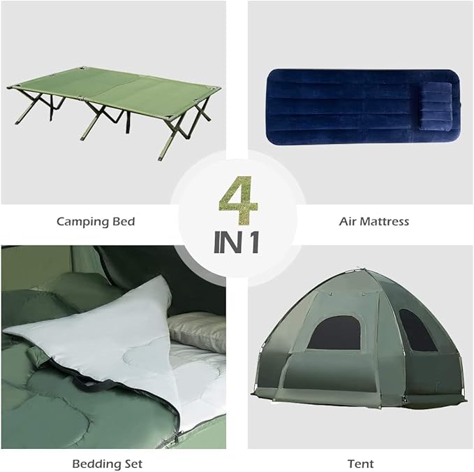 LUARANE Double Tent Bed, Outdoor Folding Tent Set with Air Mattress & Sleeping Bag, 2 Person Waterproof Raised Camping Tent Bed with Carry Bag, Suitable for Hiking, Camping, Picnics