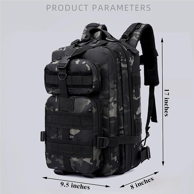 30L Comfortable Durable Military Tactical Backpack w/USA Flag Patch, MOLLE Hiking Camping Travel Bag,（black camouflage）