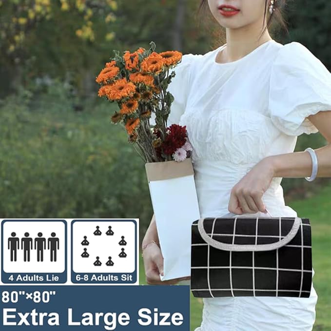 Extra Large Beach Blanket Outdoor Picnic Blankets, Foldable Waterproof Sand Free Picnic Mat for Festival BBQ Park Grass Lawn Camping Hiking Travel Concerts (Black, 80x80 in)