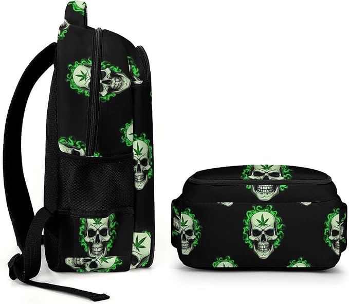 Nurse Teacher Laptop Backpack Skull WeedLeaf Leaves Green Black, Cute Travel Backpack Purse with Tumbler Holder for Women College Work Commute