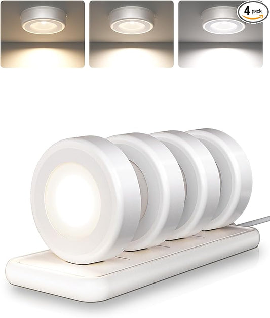 EZVALO LED Puck Lights with Charging Station, Rechargeable Sitck On Tap Lights, Wireless Closet Light, 3 Color Temps, Under Cabinet Lights, 2.5'' Mini Touch Light for Kitchen,Pantry,Shelves(4 Pack)