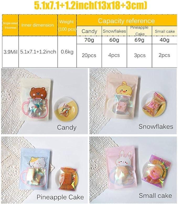100 Pieces Resealable Cartoon Stand Up Plastic Smell Proof Zip Lock Packaging Bags for Food Storage Package Pouches (Blue Kitten,6.3x9.1 Inch)