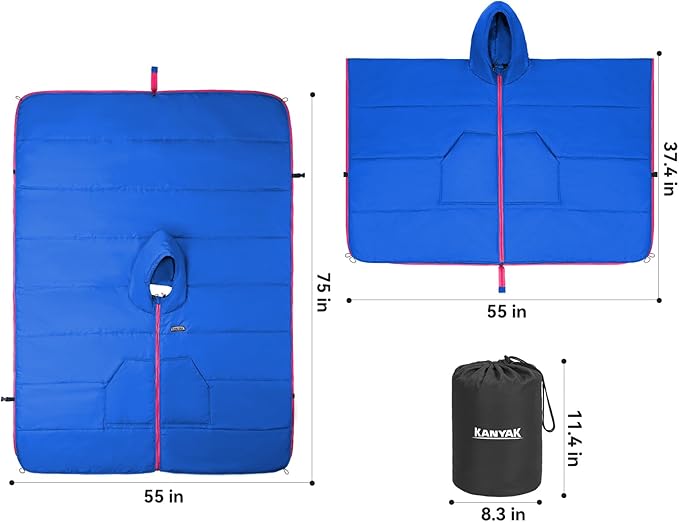 Hooded Poncho Blanket, Wearable Camping Blankets, Large Stadium Poncho Windproof & Water-Repellent, 75 * 55 inch, Portable & Warm, for Outdoor, Sports, Concerts, Travel, Picnic, Car, Survival, Hunting