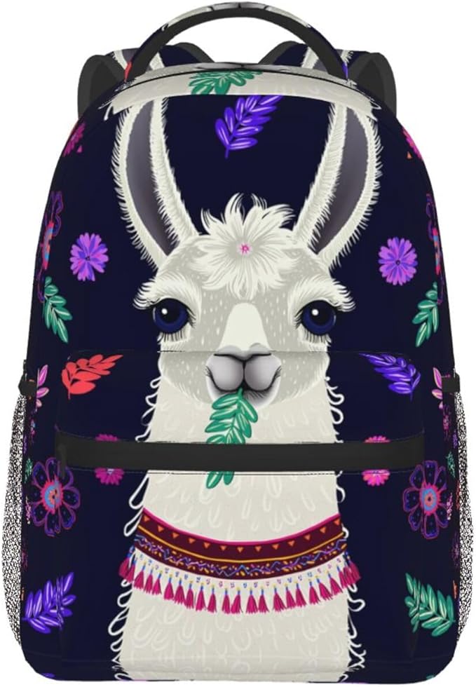 Backpack Polyester Anti-Theft Multipurpose Llama Alpaca Flower Leaves Art Bookbag Large Capacity Laptop Book Bag Rucksack With Side Pockets