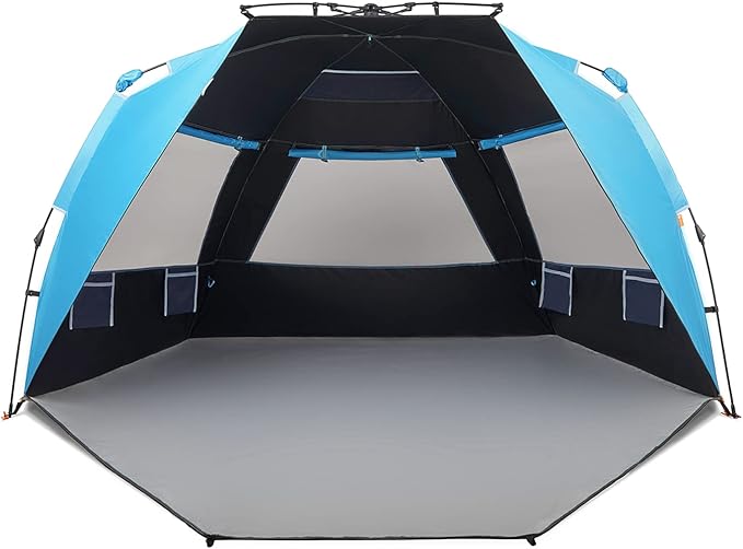Easthills Outdoors Instant Shader Dark Shelter XL Beach Tent 99" Wide for 4-6 Person Sun Shelter UPF 50+ with Extended Zippered Porch Pacific Blue