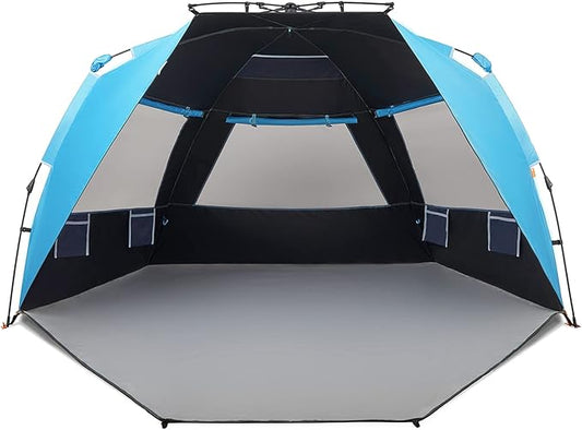 Easthills Outdoors Instant Shader Dark Shelter XL Beach Tent 99" Wide for 4-6 Person Sun Shelter UPF 50+ with Extended Zippered Porch Pacific Blue