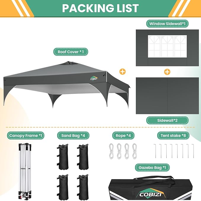 COBIZI 10x10 Pop up Canopy, Canopy Tent 10x10 with 3 Sidewalls, 1 Person Easy Set up, Tents for Parties, Outdoor Tent with Fluorescent Strip & 4 Sandbags, Waterproof, 3 Adjustable Height (Gray)
