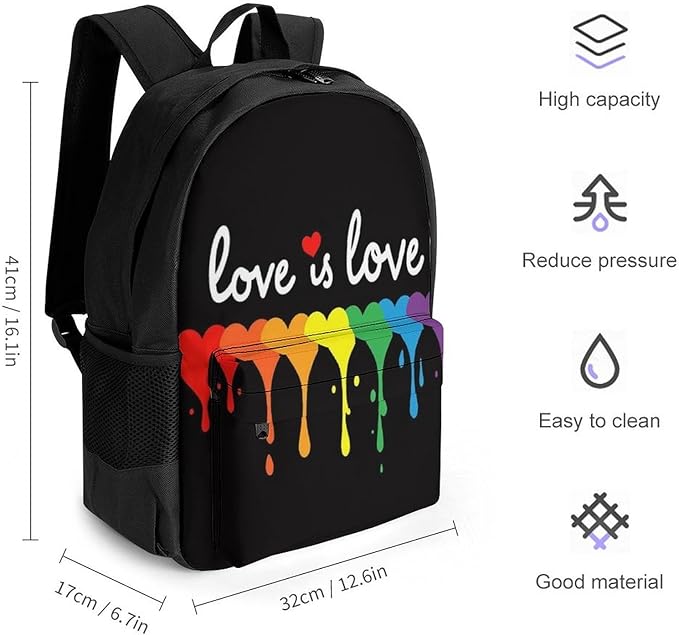 Supdreamc Men Women Lightweight Lgbt Pride Rainbow Heart Love Is Love Casual Daypack Large Capacity Bookbag With Adjustable Shoulder Straps for Gym Business Bicycle