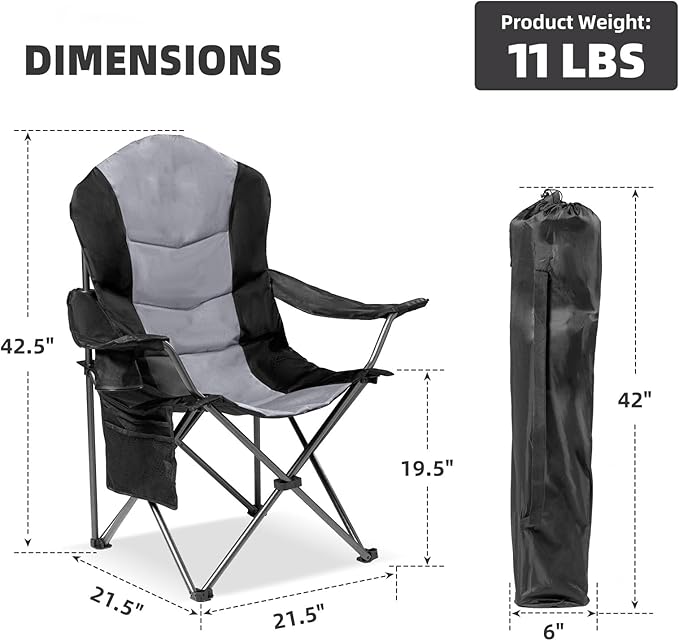 2 Pack Folding Camping Chairs for Adults - High Back Padded Outdoor Lawn Chairs with Lumbar Support & Cup Holder, 400lbs Heavy Duty Portable Camping Chairs Set (Black & Light Gray)