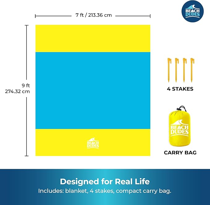 Sandproof Waterproof Beach Blanket Extra Large 108"x 84", Mat for Family, Quick Dry Ripstop Nylon Lightweight, Compact for Travel, Picnic, Camping w/ 4 Anchor Stakes and Carry Bag