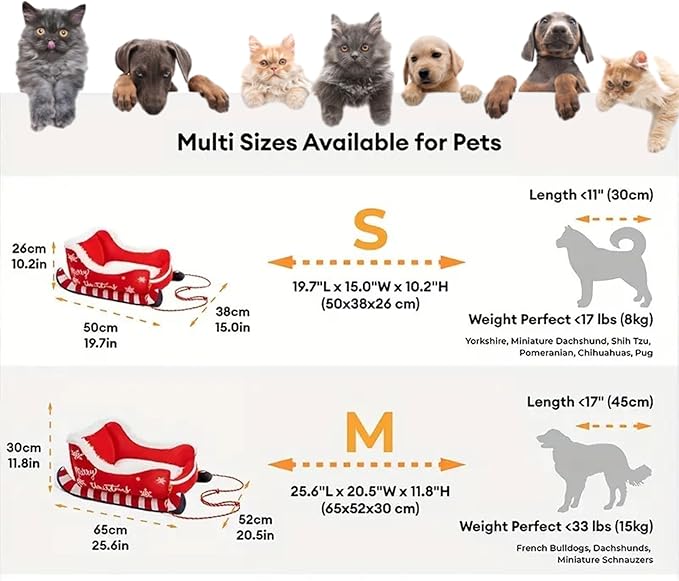 Christmas Sleigh Dog Cat Beds, Christmas Themed Pet Sleigh Bed, Festive Insulated Nest for Winter Holiday Puppy Animal Calming Sleeping Kitten Cold Weather Nights Indoor Rest