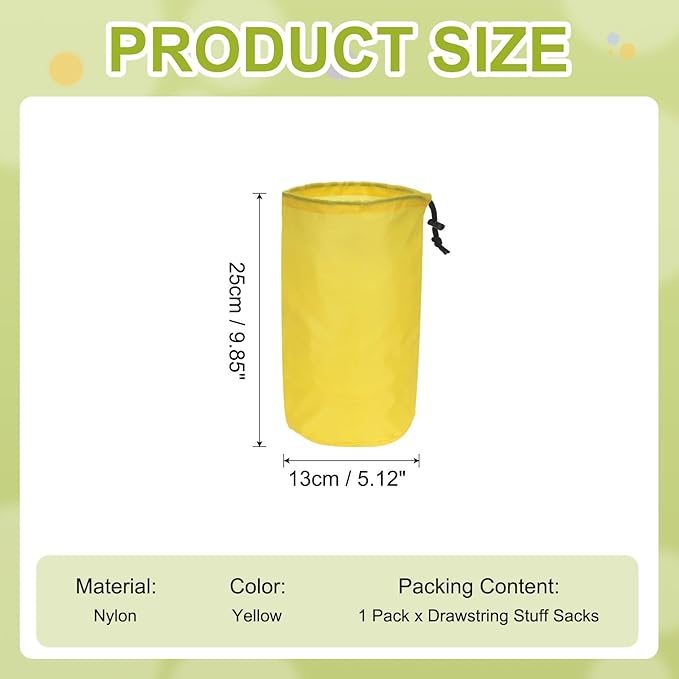 Stuff Sack, Nylon Waterproof Storage Sacks Portable Drawstring Dry Stuff Bag Gear Organization with Toggle, 5x10Inch Fit for Backpacking Camping Traveling Hiking(Yellow)