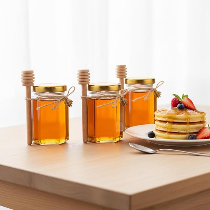 Adabocute Honey Pot, Glass Honey Jars with Wood Dipper, Gold Lid, Bee Charms, Gold Organza Bags, Thank-you Tags, Ideal for Bee Party Favors, 4oz/120ml 12 Pack