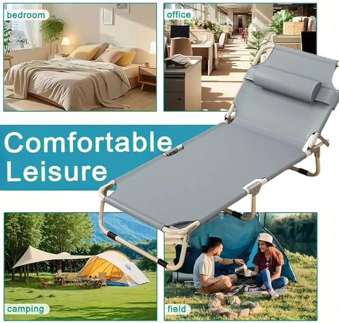 Leo IRis Portable Folding Camping Cot, Oversize Adjustable 5-Position Adults Reclining Lounge Chairs with Pillow, Heavy Duty Oxford Cloth 600D with Mattress (Gray - Simple Bed (No Mat))
