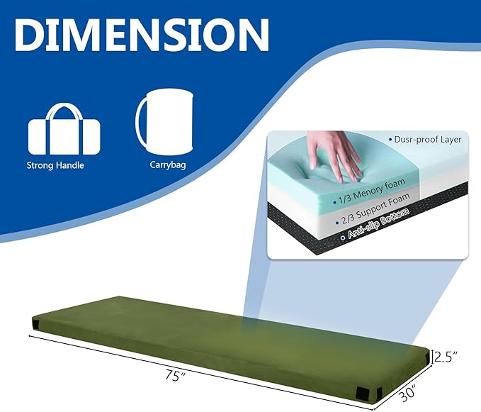 2.5 inch Camping Mattress Pad,Memory Foam Camping Mattress,Single Small Portable Roll Up Camping Sleep Topper with Waterproof and Non-Slip Bottom, Camping Car Mat with Travel Bag, 75"×30"×2.5", Green