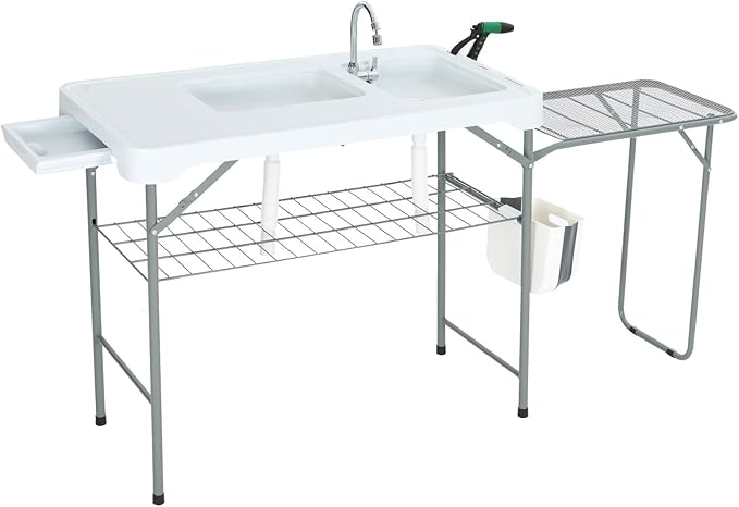 Nice C Fish Cleaning Table with Sink, Fish Skinning Table with 2 Sinks, w/Side Table, Faucet & Spray Nozzle, Toolkit, Portable Cleaning Station for Fishing, BBQ, Camping, Backyard Prep (White)