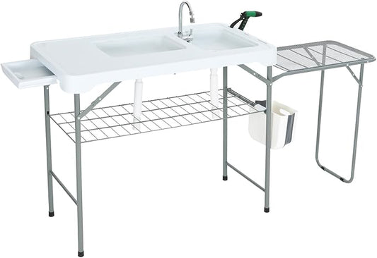 Nice C Fish Cleaning Table with Sink, Fish Skinning Table with 2 Sinks, w/Side Table, Faucet & Spray Nozzle, Toolkit, Portable Cleaning Station for Fishing, BBQ, Camping, Backyard Prep (White)