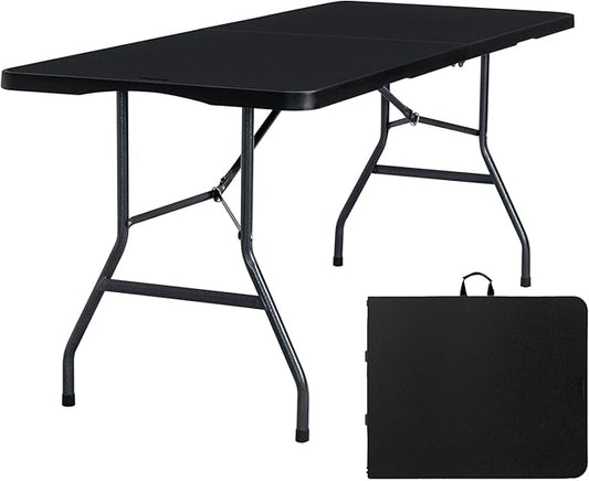 Folding Table 6ft Portable Heavy Duty Plastic Fold-in-Half 6 Foot Foldable Table Utility Dining Indoor Outdoor with Carrying Handle for Camping Picnic and Party, Black