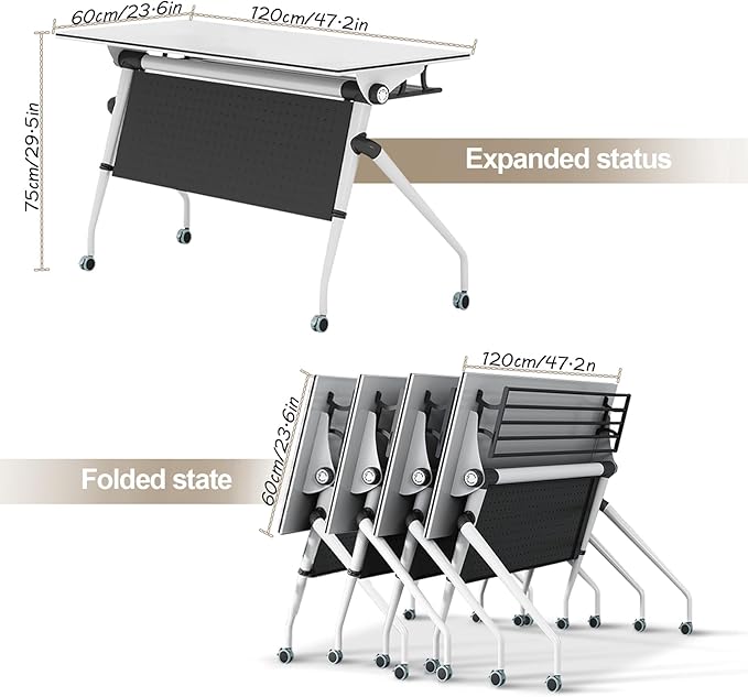 47.2inch Folding Conference Table – Portable Flip-Top Desk with Locking Wheels, Heavy-Duty Metal Frame, Space-Saving Design for Office & Training Rooms