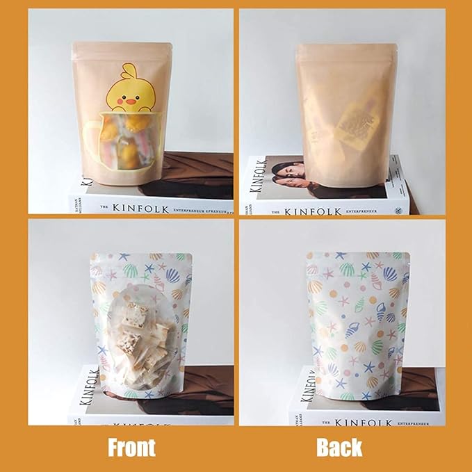 100 Pieces Resealable Cartoon Stand Up Plastic Smell Proof Zip Lock Packaging Bags for Food Storage Package Pouches (Blue Conch Starfish,6.3x9.1 Inch)