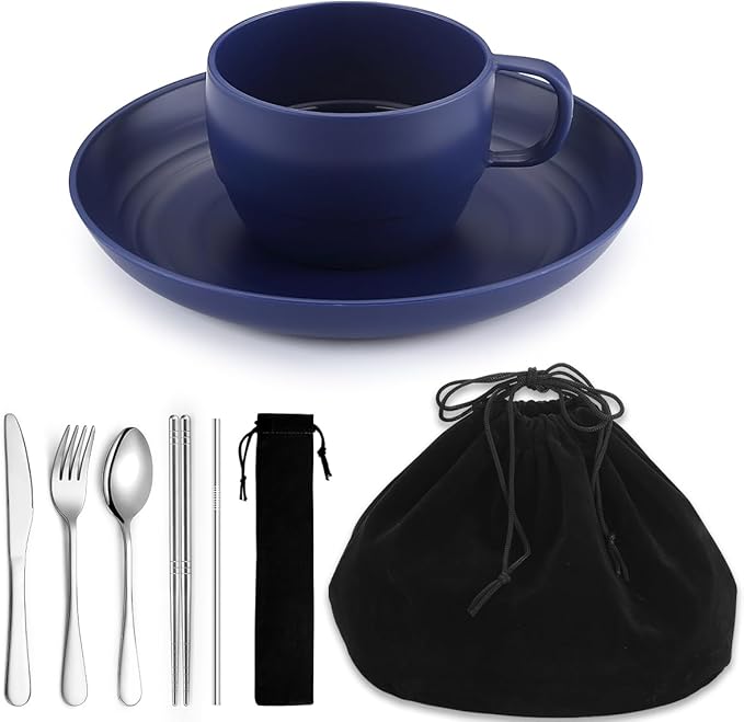 Camping Essentials Set, HOMQUEN Camping Plates and Bowls Set, Coffee Mug, Travel Cutlery Set Include Spoon, Fork, Knife for Work, Outdoor,Picnic, Camp (Blue)