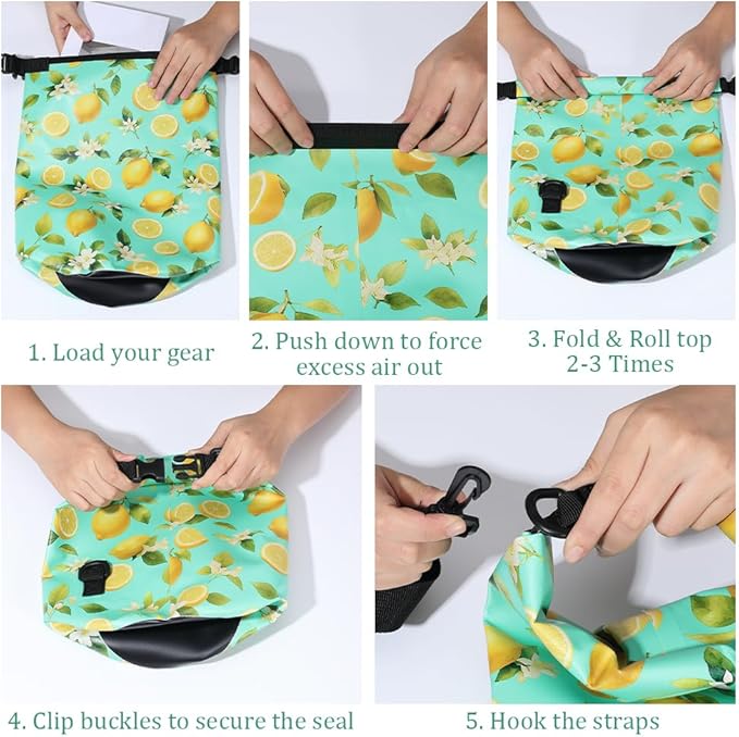 Floating Waterproof Dry Bag Backpack 5L Lightweight Lemon Flower Pattern PVC Roll Top Dry Sack for Kayaking Boating Camping Fishing Swimming Beach Rafting Hiking Outdoor Activities