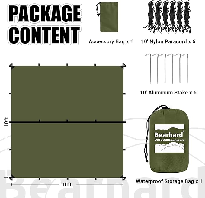 Bearhard Waterproof Camping Tarp, Lightweight Hammock Rain Fly, UV Protection and PU 3000mm Waterproof Backpacking Tarp, Tent Footprint or Shelter Kit for Hiking and Outdoor Adventure
