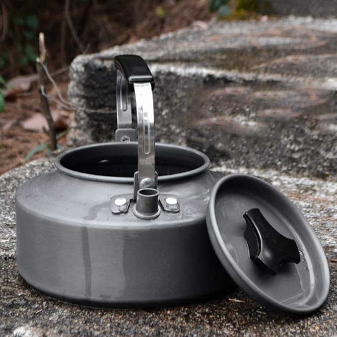 Topyond Camping Tea Kettle Teapot Outdoor Camping Kettle 1.1L,Portable Coffee Pot Teapot Picnic Set Wood Stove Steamer for Hiking (grey)