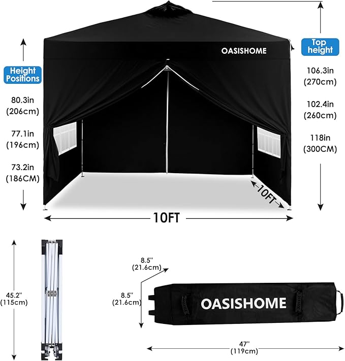 OASISHOME One Push Setup Pop-up Gazebo Portable Canopy Tent 10'x10', with 4 Sidewalls,Wheeled Bag,Waterproof, UV Protection, Heavy-Duty Steel Frame for Patio/Outdoor/Wedding Parties and Events (Black)