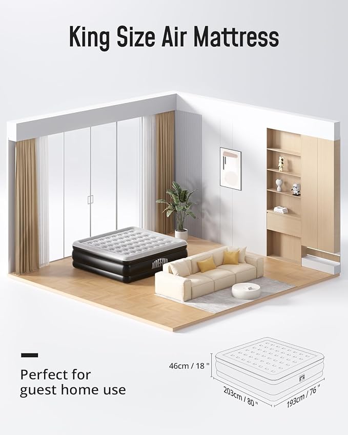 Airefina King Size Air Mattress with Built in Pump, Upgraded 18" Raised King Blow Up Air Mattress 2-4 Persons for Guests & Home, Ideal for Temporary Use, Colchones Inflables Air Bed 800 lbs