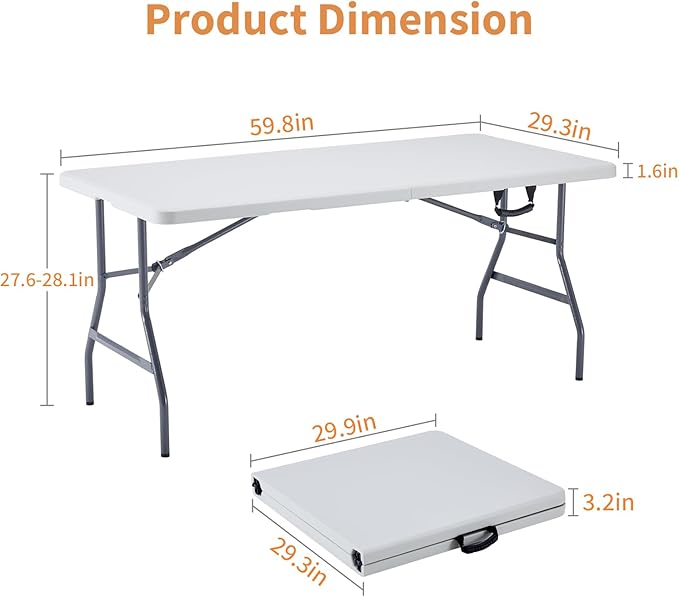 BOOSDEN 5 Foot Folding Table - Portable Plastic Fold-in-Half Utility Table With Carrying Handle for Indoor Outdoor Use - Picnic, Party, Camping, Banquet