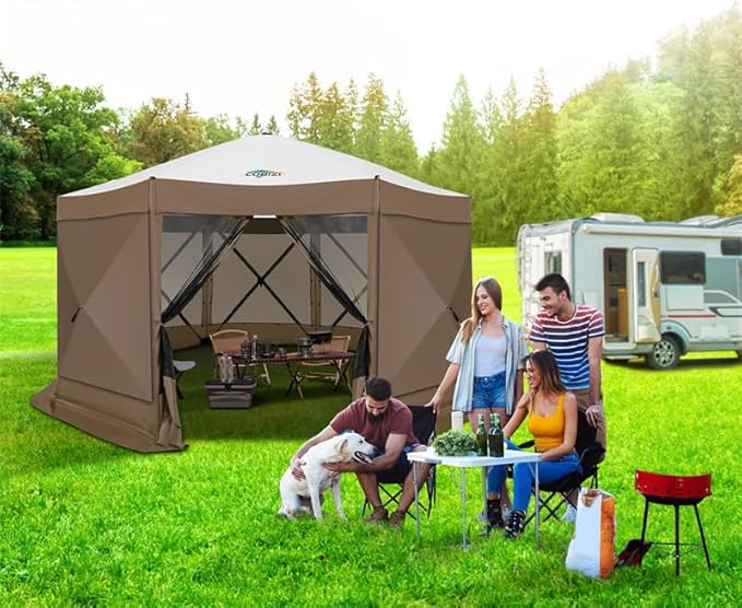 COBIZI 15x15 FT Pop Up Gazebo, Canopy Tent, Large Gazebos On Clearance with Sidewalls, Screened in Gazebo,carpas para Patio,Portable Screen Tents for 12-15 Persons Outdoor Camping, Backyard, Brown