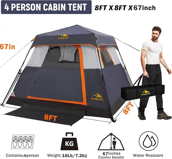 3/4 Person Camping Tent with 1 Door, 4 Windows, and Upgraded Ventilation– Instant Setup, Waterproof, 8'x 8'x 67''Oxford Fabric Floor Pop Up in 60 Seconds Includes Rainfly and Backpack
