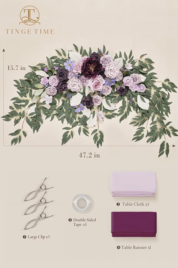 TINGE TIME Artificial Sweetheart Flower Swag with Tablecloth and Table Runner, Pack of 3 Floral Arrangement for Wedding Sweetheart Table Centerpiece Decoration (Lavender & Plum)