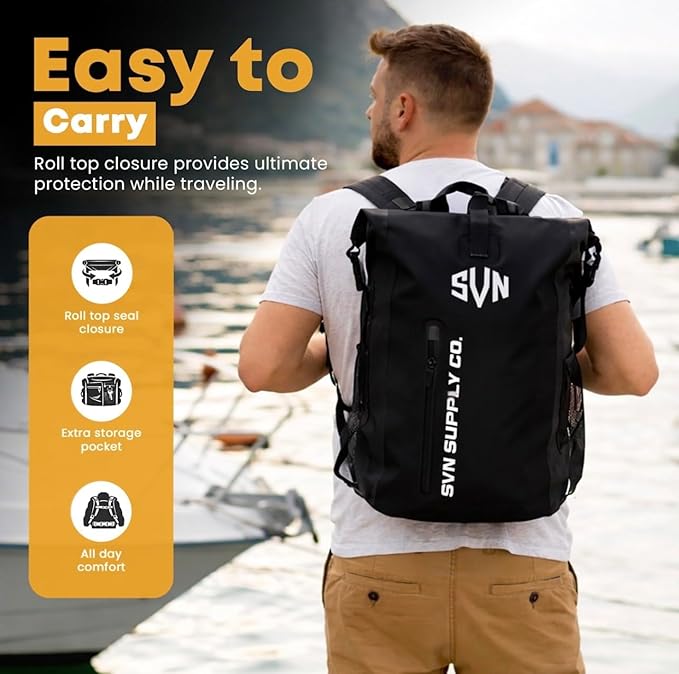 SVN Supply Co. Heavy-Duty Waterproof Backpack – Roll-Top Dry Bag for Hiking, Kayaking, Camping & Outdoor Adventures – Padded Shoulder Straps (Black)