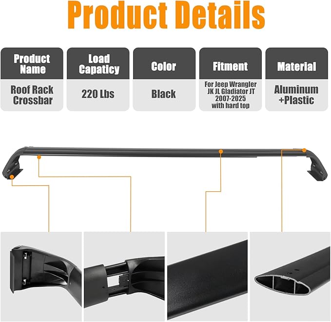 Zorik Heavy Duty Roof Rack Cross Bars for Jeep Wrangler JK JL & Gladiator JT 4-Door (2007-2025), 220LB Capacity Aluminum Cargo Carrier for Roof Top Tent, Kayak, Canoe, No-Drill Hard Top Installation