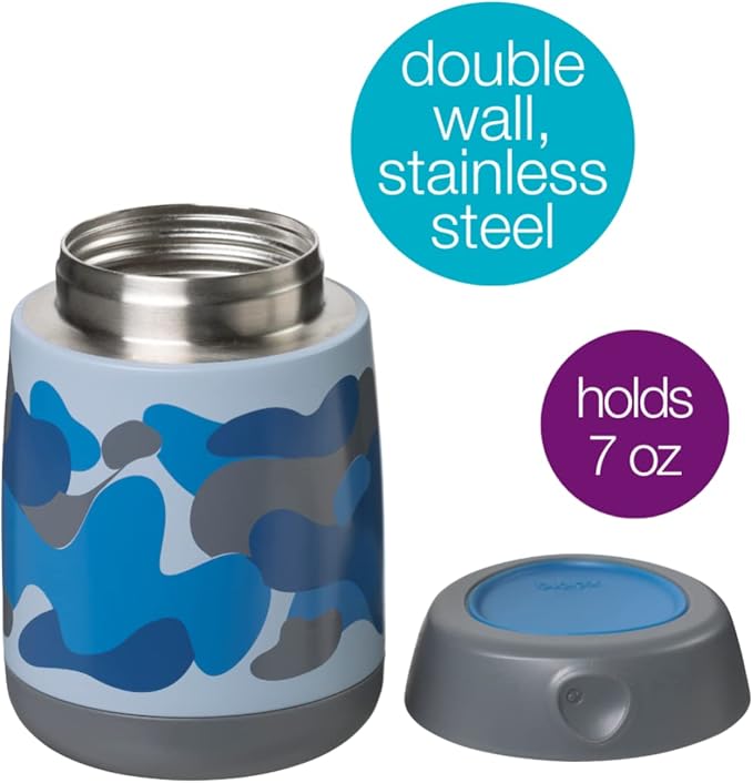 b.box Insulated Food Jar Mini | Small Snack Container for Babies and Kids | Double Wall Stainless Steel | Keeps Food Cold for 6hrs, Warm for 4hrs | (Blue Camouflage, 7 oz)