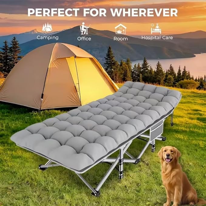 Comfortable and Soft Folding Bed, Portable Camping cot with Side Pockets and Mattress, Extra-Thick Oversized Folding Bed, Weight Capacity of 500/600/700 lbs (Grey 700lbs)
