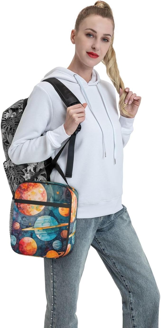 Colorful Galaxy Insulated Lunch Box for Women Men Cartoon Planet and Star Lunch Bag for Work,Picnic,Travel,Hiking,Beach or Fishing Polyester Astronomy Enthusiasts Lunch Box