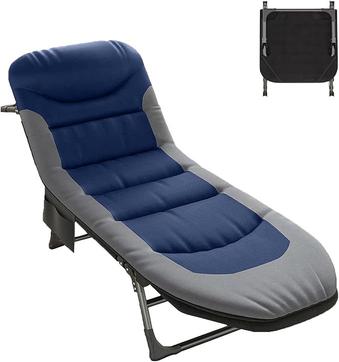 Folding Camping Cot, Six-Position Adjustable Backrest, Camping Cot for Adults Comfortable with Pillow and Side Pockets, Supports 330lb, for Home Office Nap Beach Travel Hiking. (Blue)