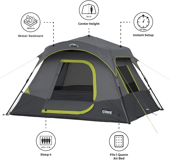 CORE 4 Person Instant Cabin Tent Camping Set | Includes 1 Pop Up Tent with 60 Second Setup, 1 Outdoor Table & 2 Camp Chairs | Perfect for Family Car Camping with Included Carry Bag