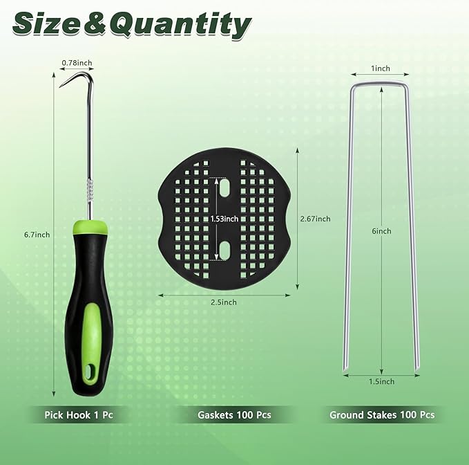 FEED GARDEN 6 Inch 100 Pcs Galvanized Landscape Staples 100 Pcs Gaskets Pick Hook Garden Stakes 11 Gauge Anti-Rust Landscaping Fabric SOD Pins U Shaped Yard Turf Stakes for Weed Barrier Fabric