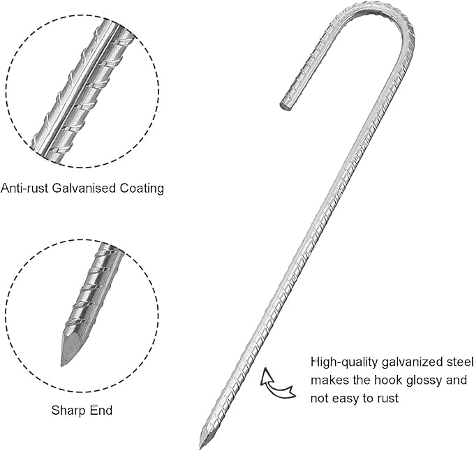 Rebar Stakes 12 Inch, Heavy Duty Galvanised Steel Rebar Ground Stakes, Fence Anchors, Ground Stakes with Hook, Ground Blind Stakes for Marquees, Gazebos, Tents, Trampolines, Camping