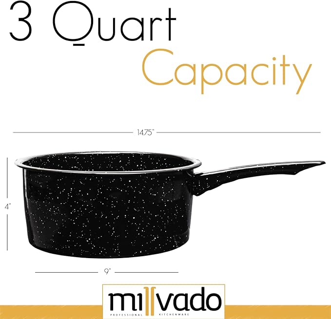 3 Quart Granite Saucepan, Naturally Nonstick Sauce Pots, Speckled Enamel Ware Cookware, Small Sauce Pan for Cooking and Boiling - Granite Cooking Pot for Stovetop, Campfire, Outdoor Stove