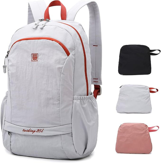 25L Lightweight Hiking Backpack with Chest Strap for Women Men, Foldable Daypack with Waterproof Wet Pocket for Travel, White