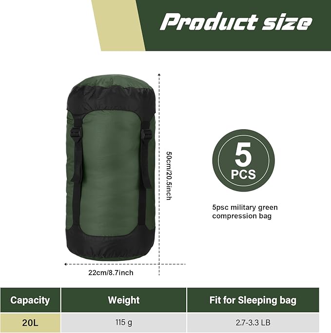 5 Pcs Compression Sacks for Backpacking 20L Camping Sleeping Bag Stuff Sacks for Backpacking Water Resistant Sleeping Bag Storage Sack for Space Saving Hiking Gear