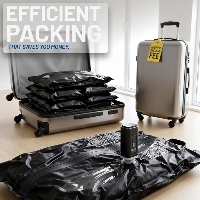 Duo 2 Pack Vacuum Seal Bags for Clothing Travel with Pump - Travel Vacuum Bags with Pump for Luggage + USB Charging Cable & Pouch, Space Saver Rechargeable Packing Kit for Suitcases & Backpacks