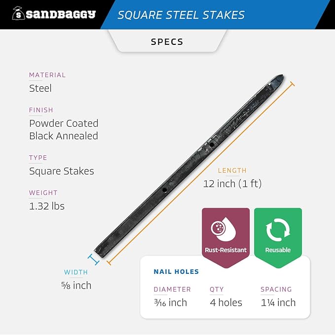 Sandbaggy Square Steel Concrete Form Stakes with Nail Holes - 5/8" Wide - Rust Resistant Coating - Removable, Reusable - Construction Grade Stakes (12 inch, 10)