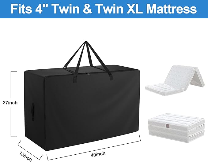 Folding Mattress Bag - 600D Oxford Cloth Heavy Duty Carry Case for Tri-Fold Guest Bed Mattress (Fits 4" Twin & Twin XL Mattress, Black)