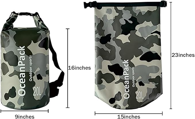 Dry Bag Waterproof 5L/10L/20L, Camo Design, Roll Top Lightweight dry bags for FLoating, Boating, Kayaking, Camping, Beach，Paddle boarding Accessories